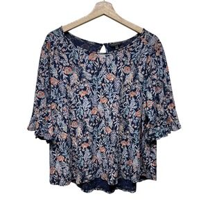 Lucky Brand Womens Sz XL‎ Top Floral Boho Artsy Flutter Sleeve Purple Blue